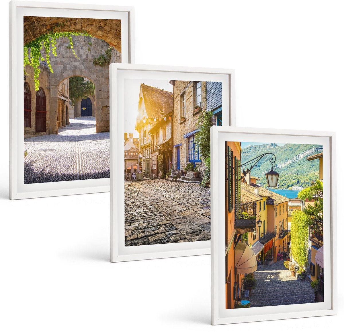 Wallfluent 3-Delige Schilderij Set - Sfeervolle Straatjes Met Stenen Gebouwen En Poorten. - 40 x 60 - Muurdecoratie - Wanddecoratie - Hal - Moderne Wanddecoratie