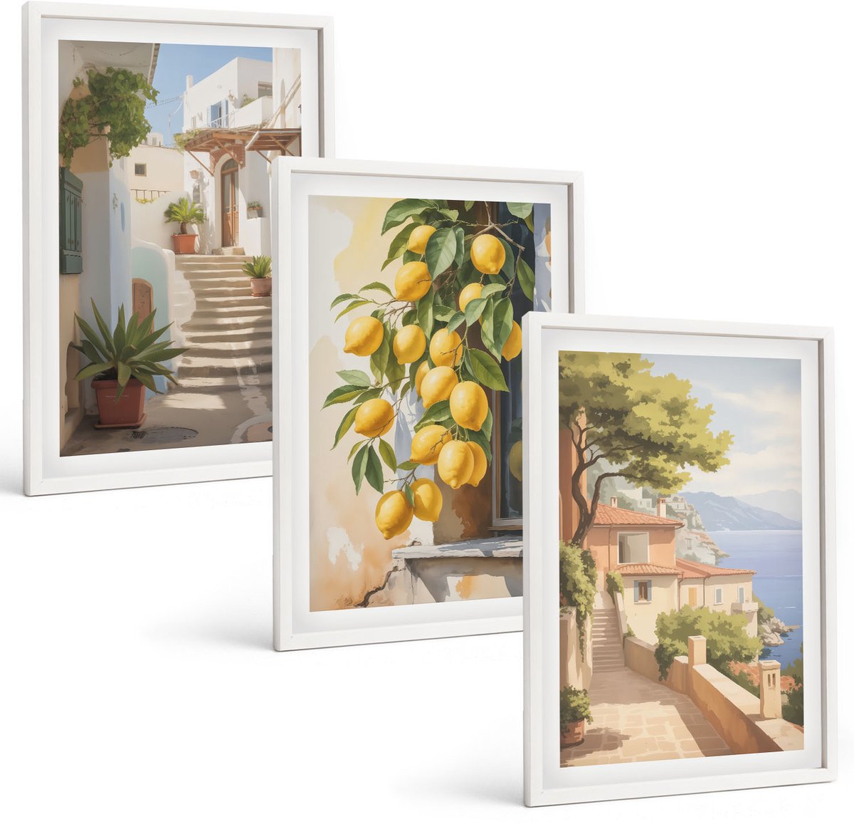 Wallfluent 3-Delige Schilderij Set - Sfeervolle Straatjes Met Citroenbomen En Uitzicht Op Zee. - 40 x 60 - Decoratieve Muurdecoratie - Slaapkamer - Wanddecoratie