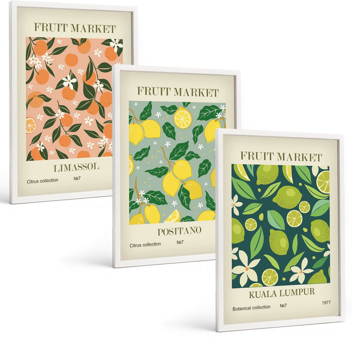 Wallfluent 3-Delige Schilderij Set - Fruitpatronen Met Citrusvruchten En Vintage Bloemen - 40 x 60 - Muurdecoratie - Wanddecoratie - Slaapkamer - Woonkamer Decoratie