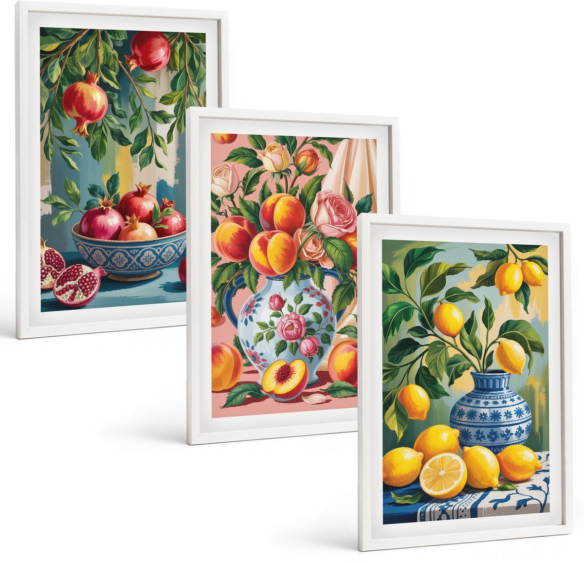 Wallfluent 3-Delige Schilderij Set - Fruitcomposities Met Granaatappels, Citroenen En Perziken - 40 x 60 - Muurdecoratie - Wanddecoratie - Hal - Decoratieve Schilderijen
