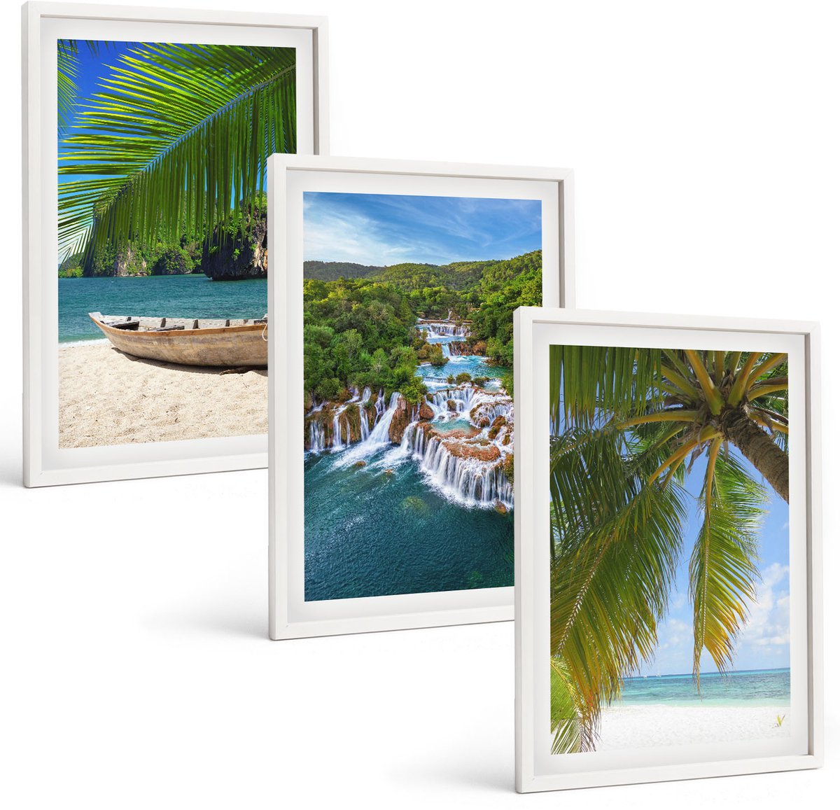 Wallfluent 3-Delige Schilderij Set - Strand Met Boten, Watervallen En Palmbomen In De Tropen - 40 x 60 - Schilderijen Set - Wanddecoratie - Woonkamer - Muurdecoratie
