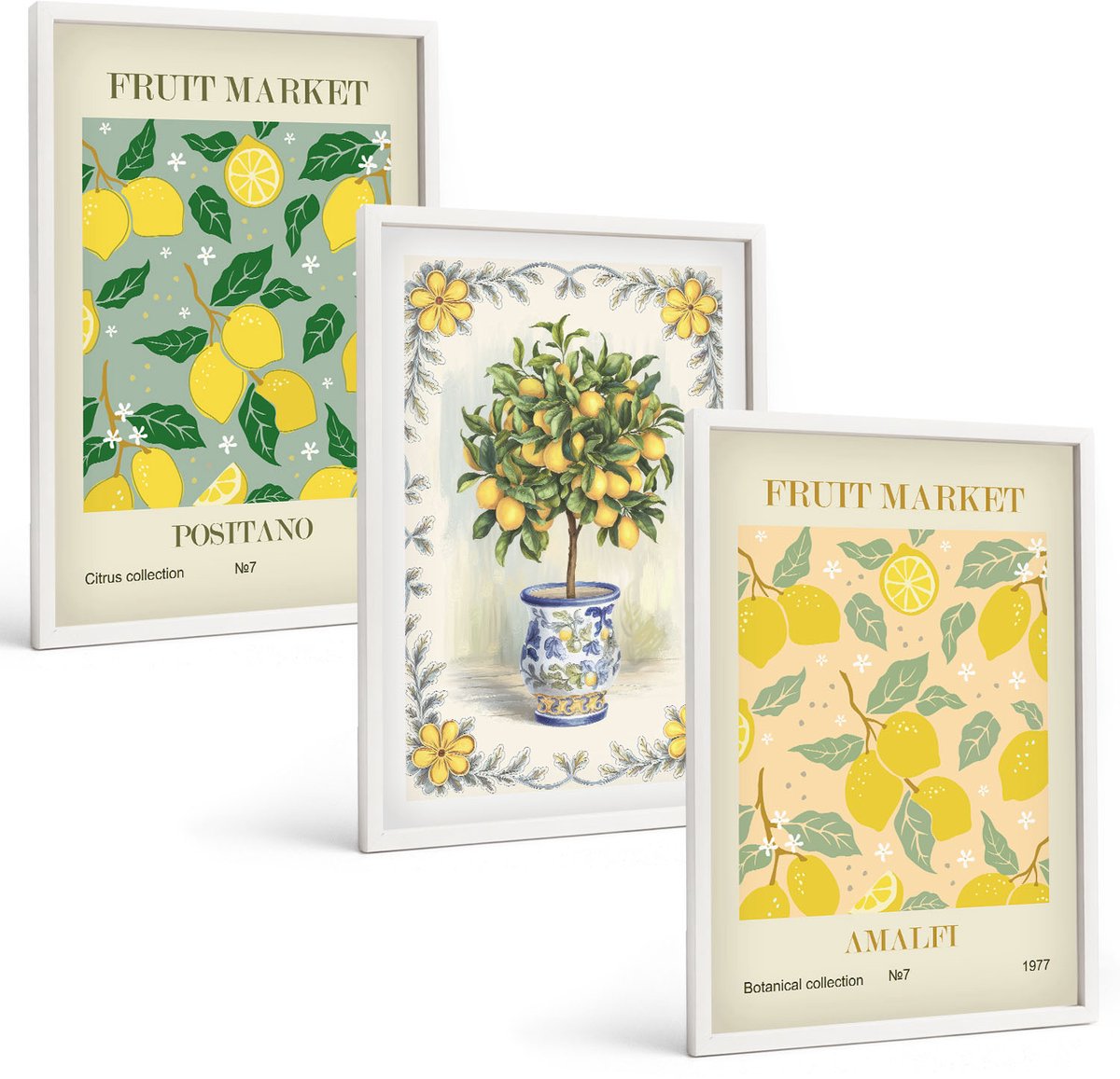 Wallfluent 3-Delige Schilderij Set - Italiaanse Posters Met Citrusbomen En Fruit - 40 x 60 - Muurdecoratie - Wanddecoratie - Slaapkamer