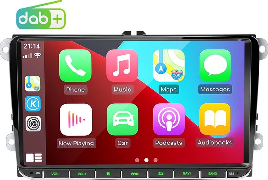 ESSGOO DAB+ autoradio met Apple CarPlay icoontjes op een 7-inch touchscreen.
