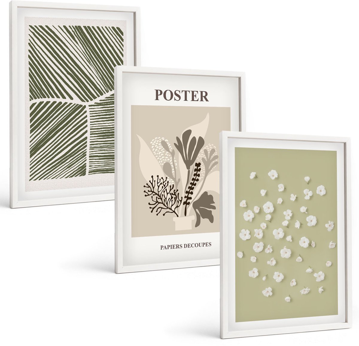 Wallfluent 3-Delige Schilderij Set - Plantmotieven In Ingetogen Kleuren En Patronen. - 40 x 60 - Schilderijen Set - Wanddecoratie - Woonkamer - Stijlvolle Muurdecoratie