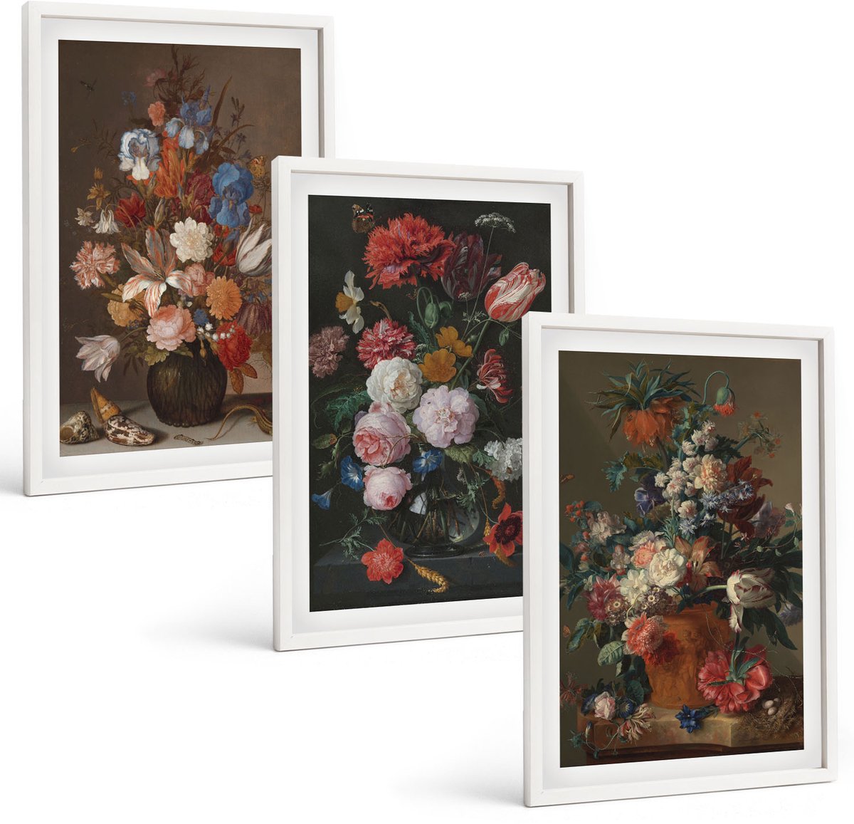 Wallfluent 3-Delige Schilderij Set - Bloemen In Vazen: Diverse Vintage Plantencomposities - 40 x 60 - Moderne Wanddecoratie - Slaapkamer - Stijlvolle Muurdecoratie