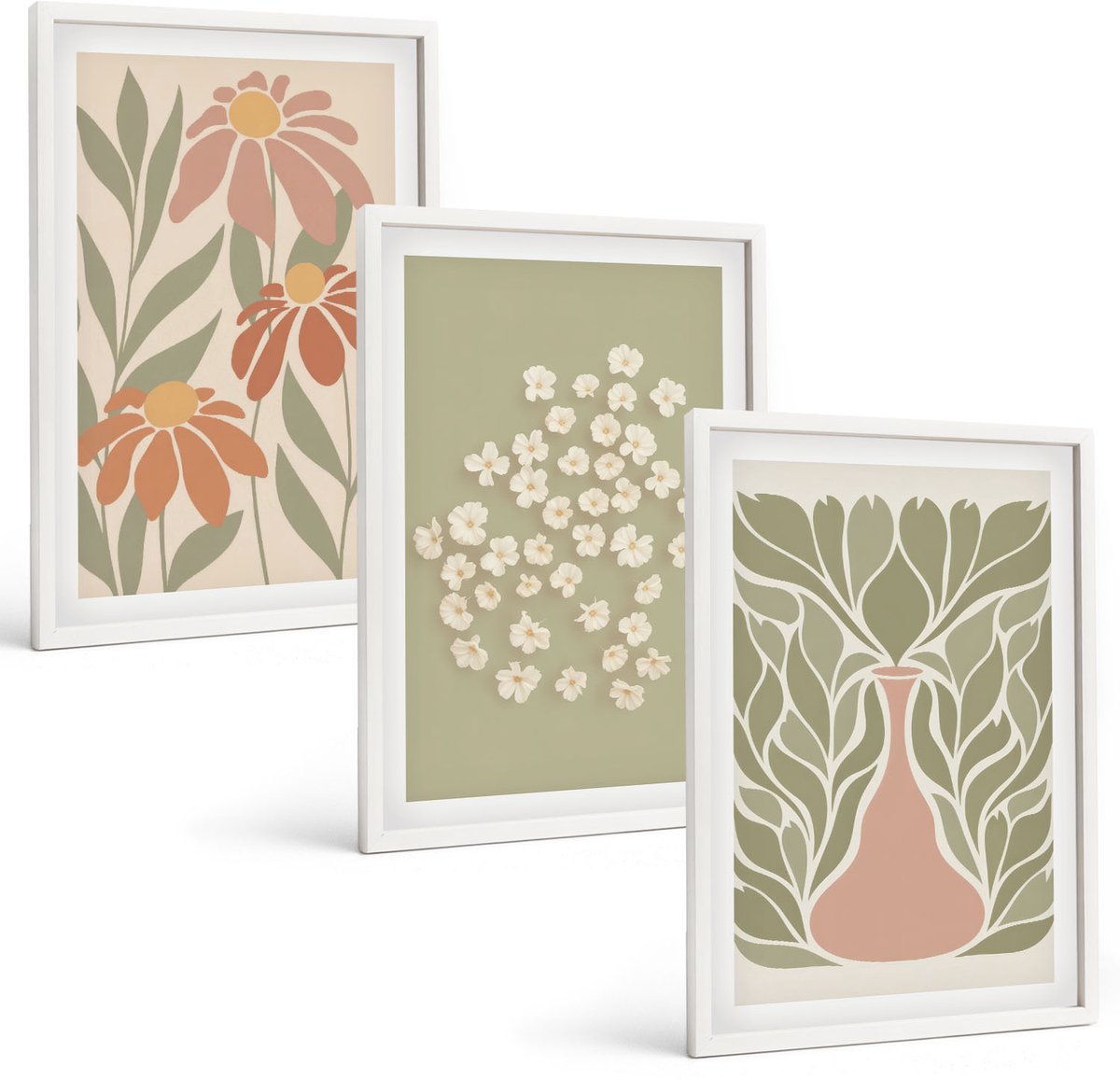 Wallfluent 3-Delige Schilderij Set - Bloemmotieven, Minimalistische Patronen, Boho-Stijl - 40 x 60 - Moderne Wanddecoratie - Woonkamer