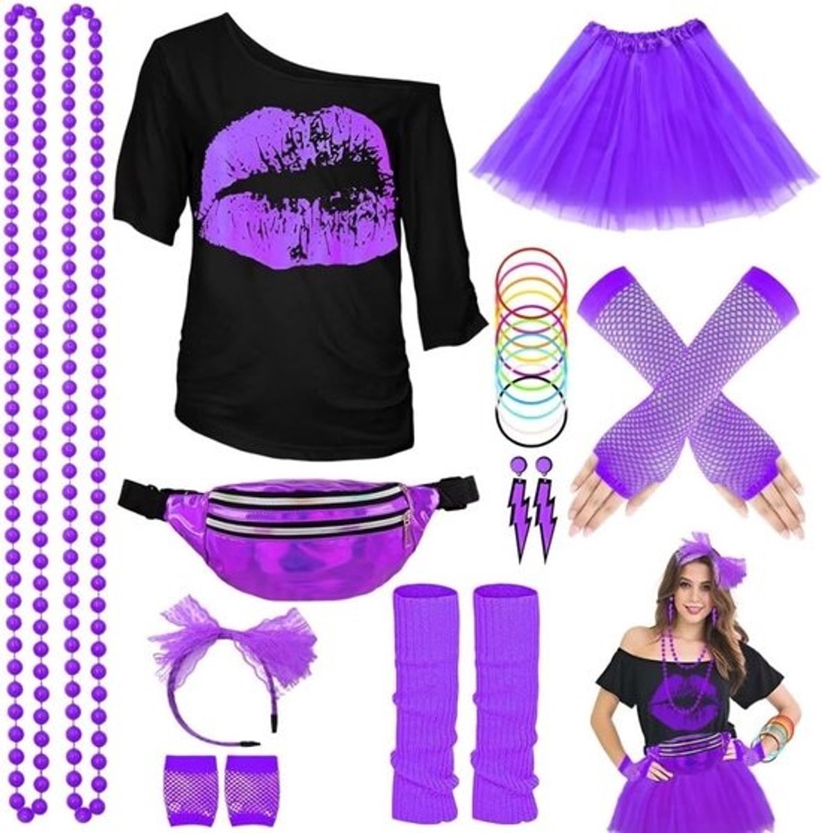 80s Vintage Dames Outfit - Roze T-shirt met Tutu Rok, Gürteltasche, Haarband, Oorbellen en Net Handschoenen