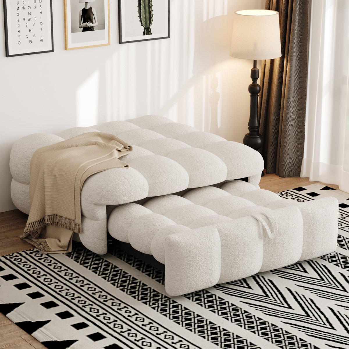 Sweiko 2 in 1 Slaapbank - Uitschuifbaar bed - Zachte kruk - Teddy stof - Beige