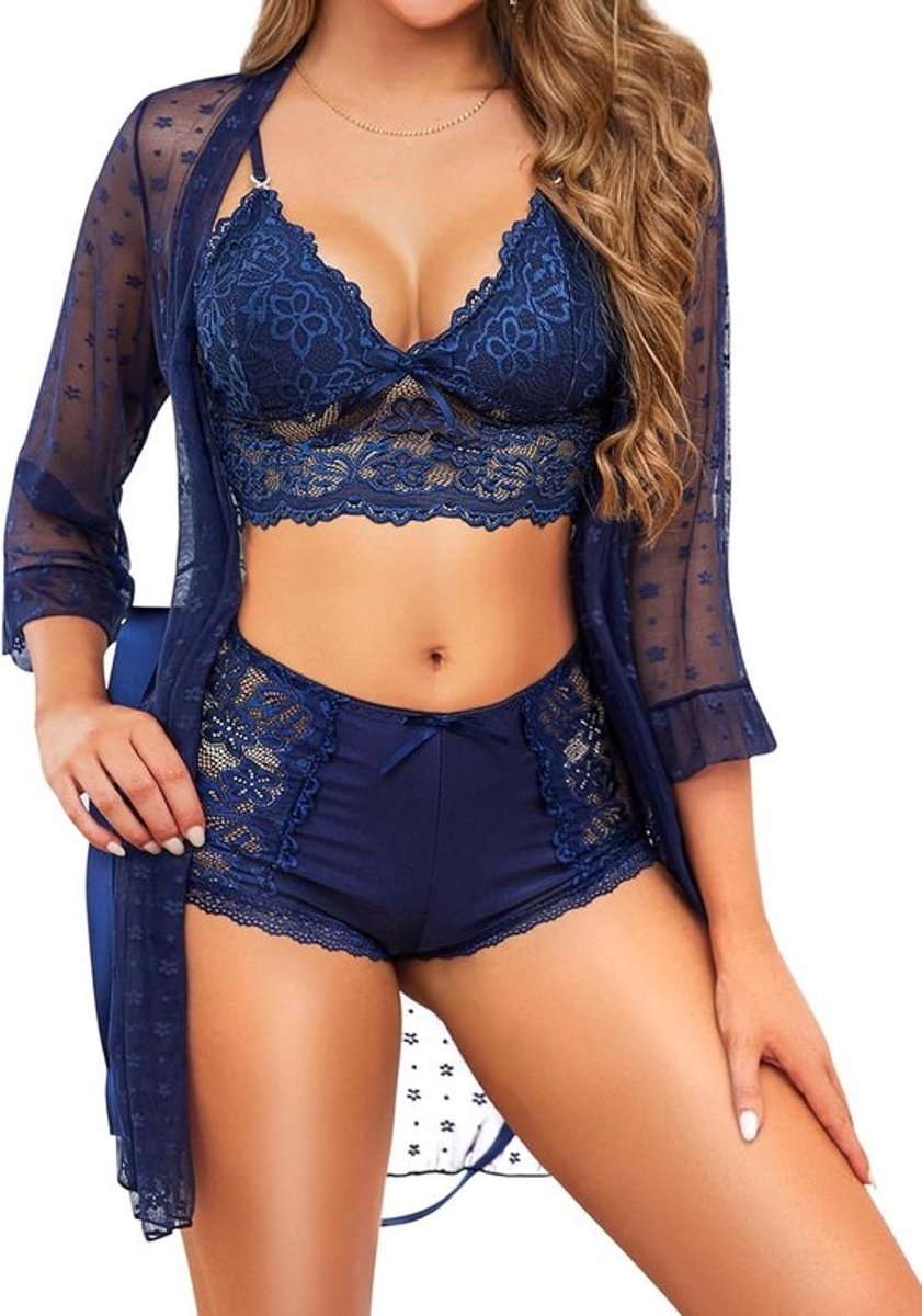 Sexy 3-delige Lingerieset Dames met Kant Nachtjapon en Badjas