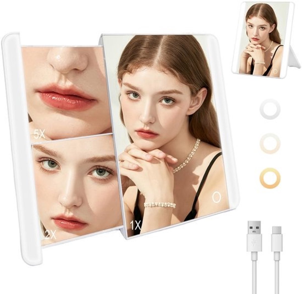 Allecto - Cosmeticaspiegel - LED-verlichting - Uittrekbare spiegel - Wit - 5X/2X vergroting - Ideaal voor make-up en verzorging - Geschikt voor thu...
