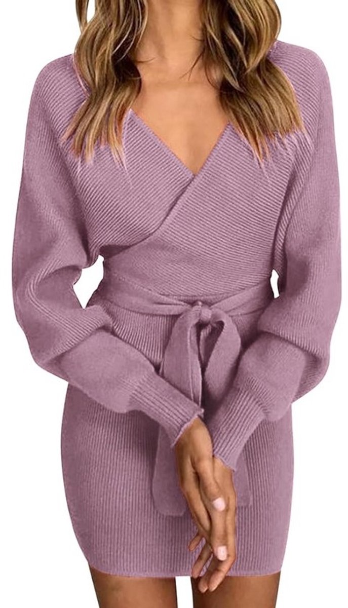 Elegante Gebreide Jurk Dames met V-Hals en Lange Mouwen - Sexy Mini of Tuniek Jurk