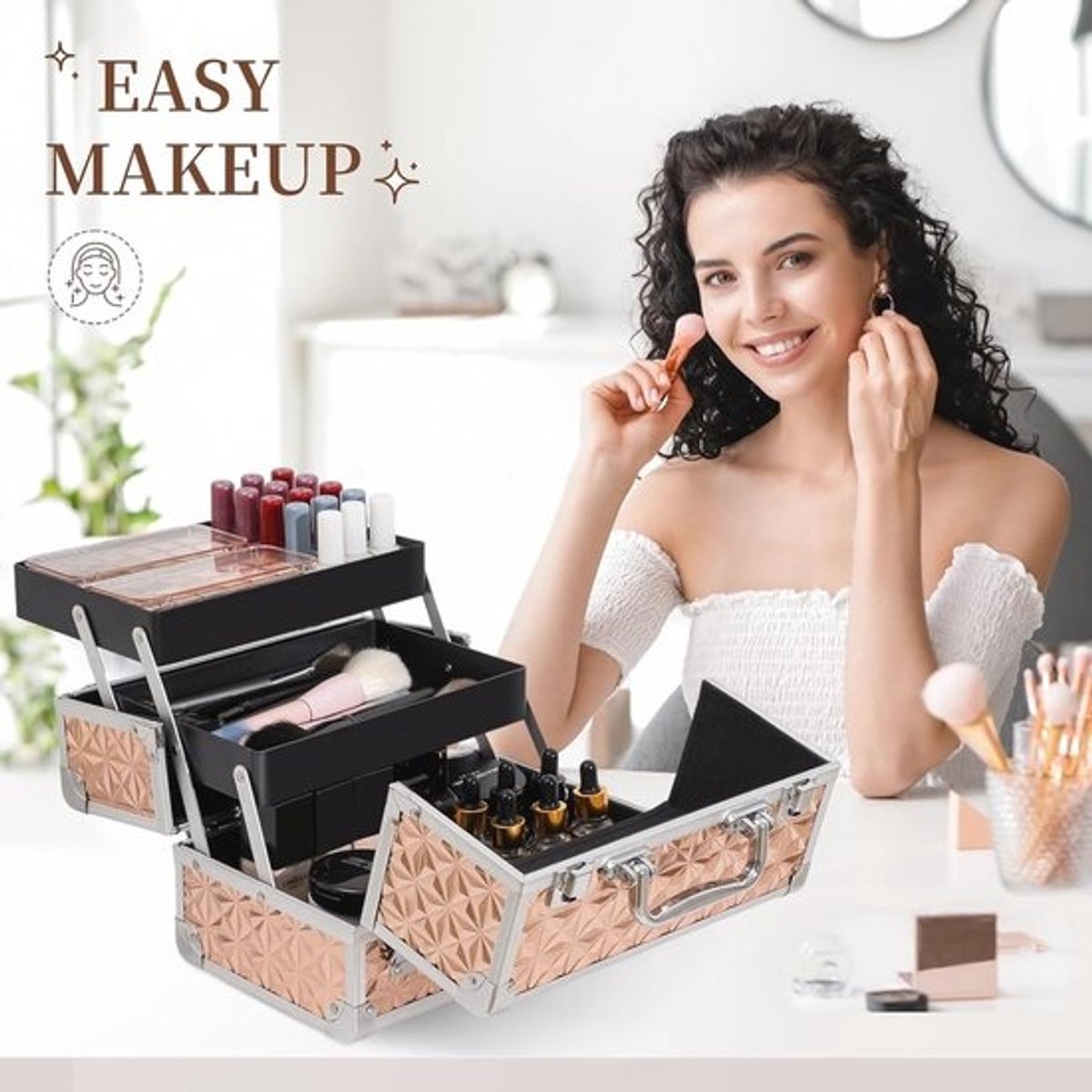Make-up Train Case Makeup Organizer met Spiegel en 2 Lades - Roze Goud