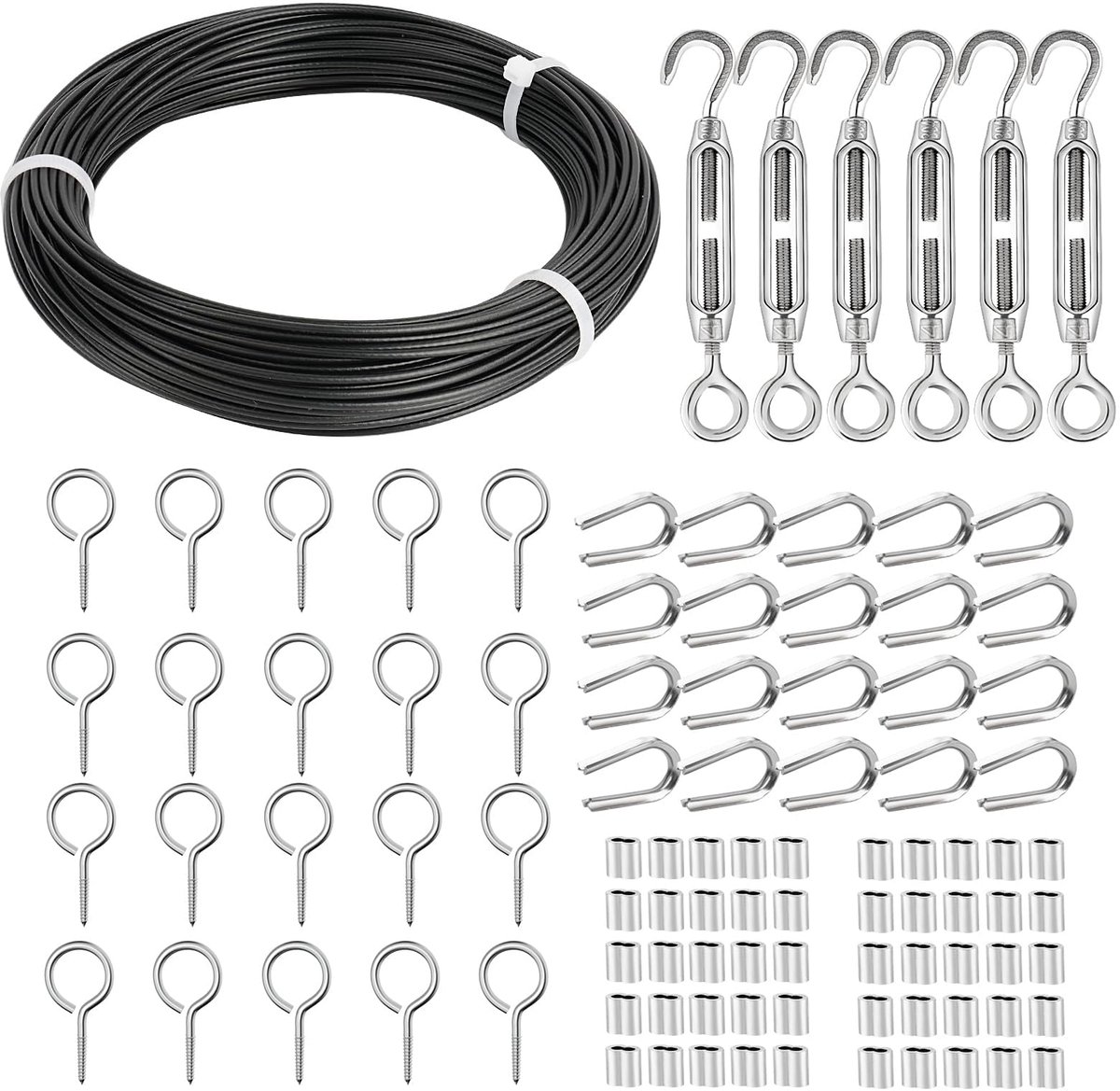 RVS Staalkabel Set - Zwart PVC omhuld, met M4 spanslot, kabelspanner en spanbeslag - Voor lichtslingers, gordijnen en vitrages - 30 meter / 2 mm