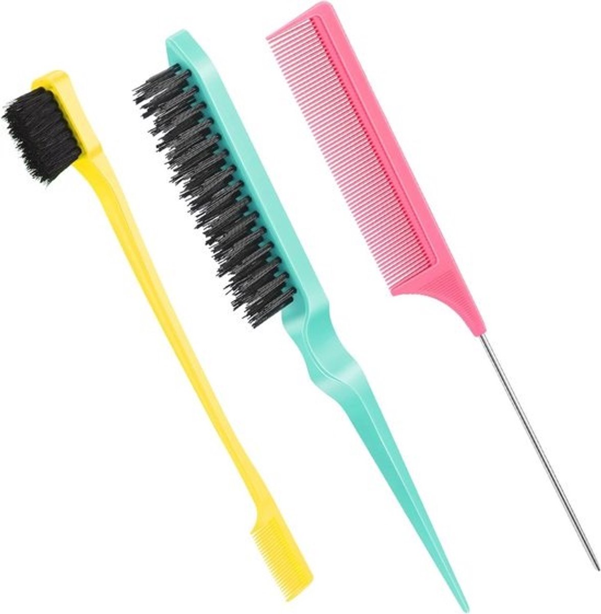 Haarborstel Set voor Randcontrole - 3 Stuks Zwart Haar (Geel, Roze, Cyaan)