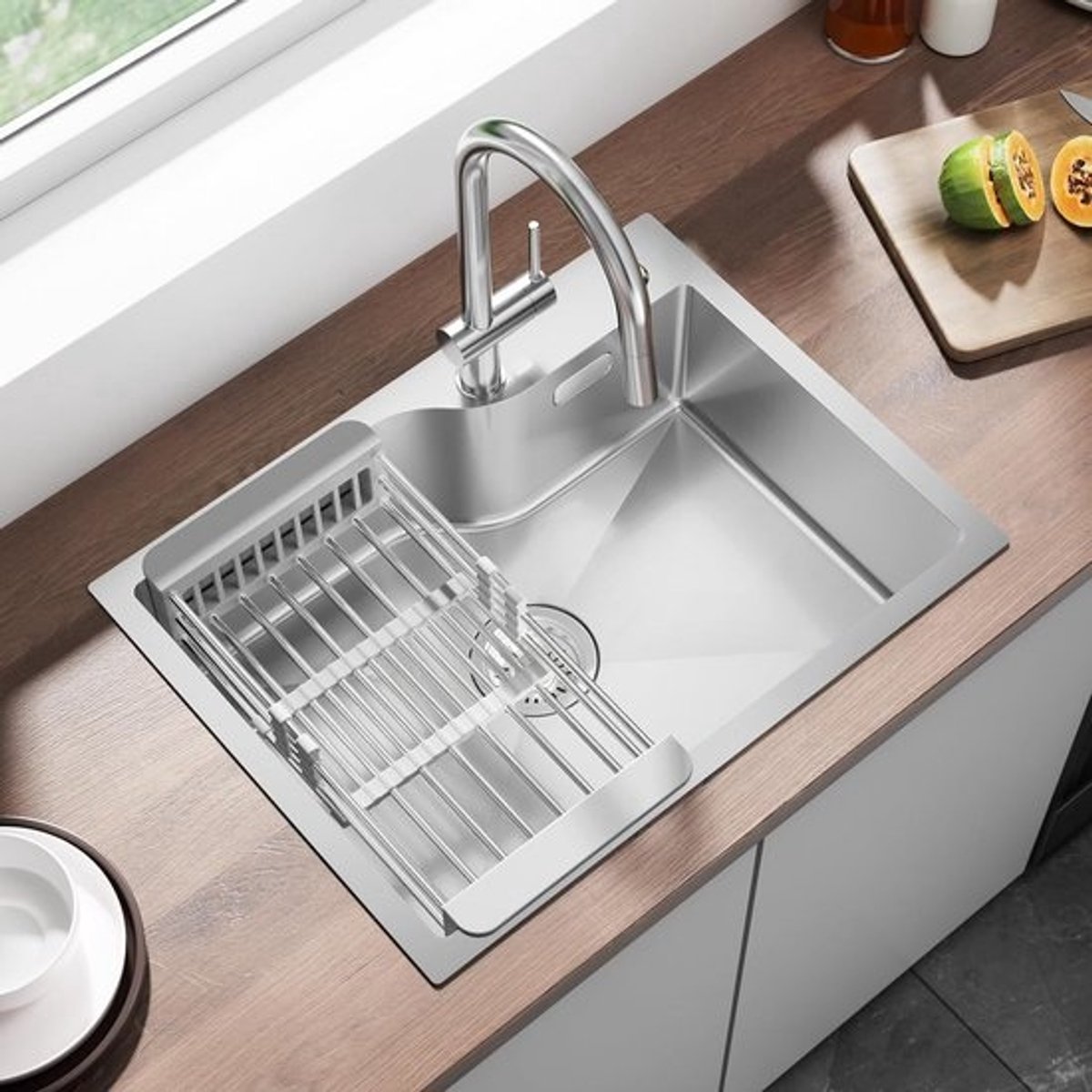 Inbouwspoelbak RVS 60x45 cm met Afdruiprek en Sifon