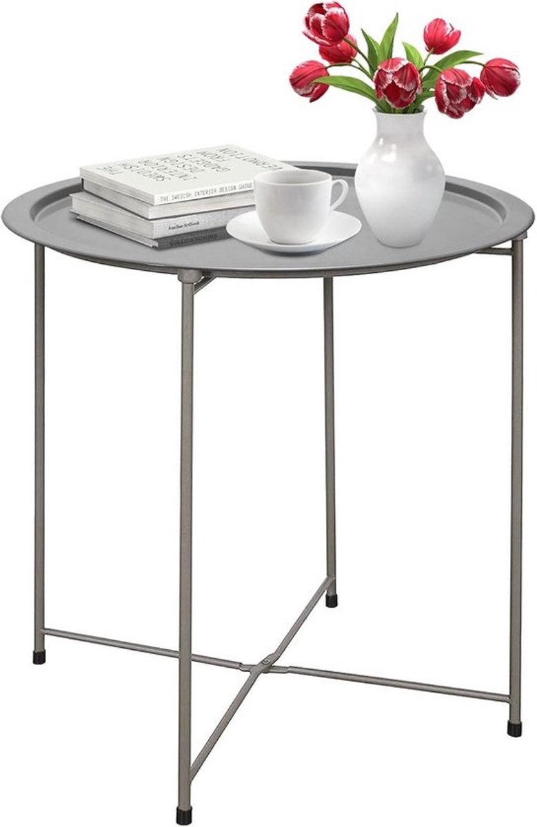 Rond bijzettafeltje - Klaptafel metaal - Buiten en binnen - Afneembare dienblad - 47 cm hoog - Grijs