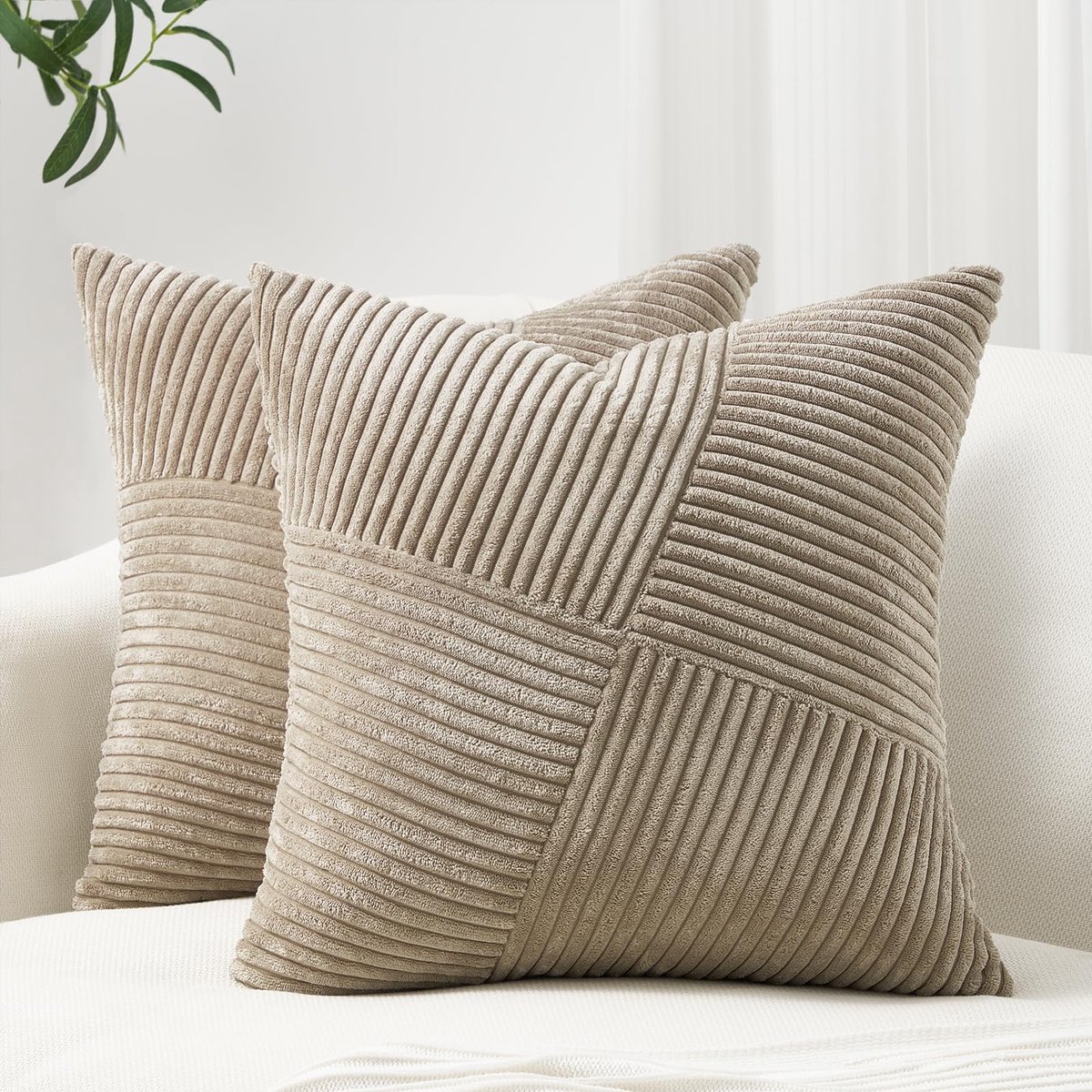 Set van 2 Sierkussenhoezen - Zacht Ribfluweel met Gestreept Patroon Boho Stijl - Voor Woon- en Slaapkamer - Taupe 50x50 cm