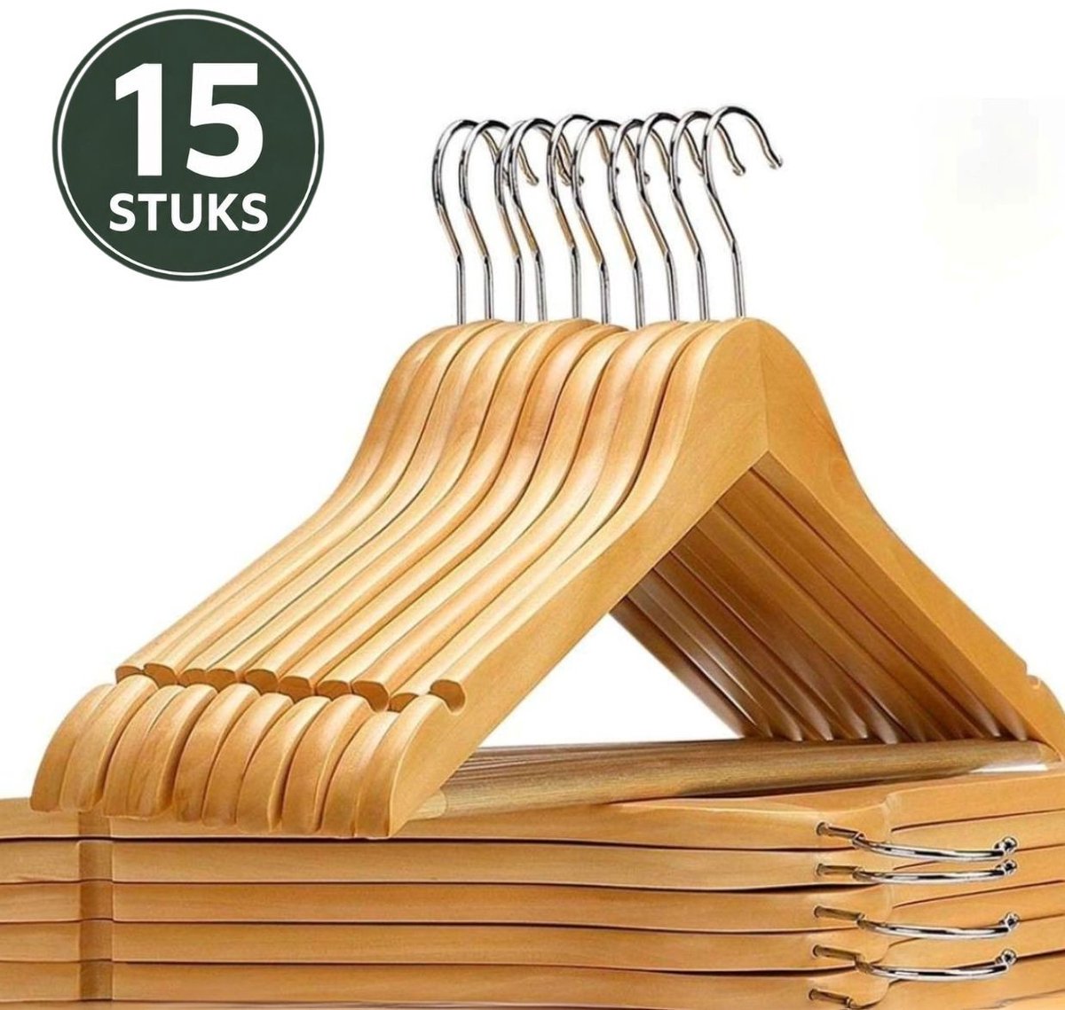Ceruzo 15 Houten Kledinghangers - Hardhout - Met Broeklat - 360° Haak - Naturel