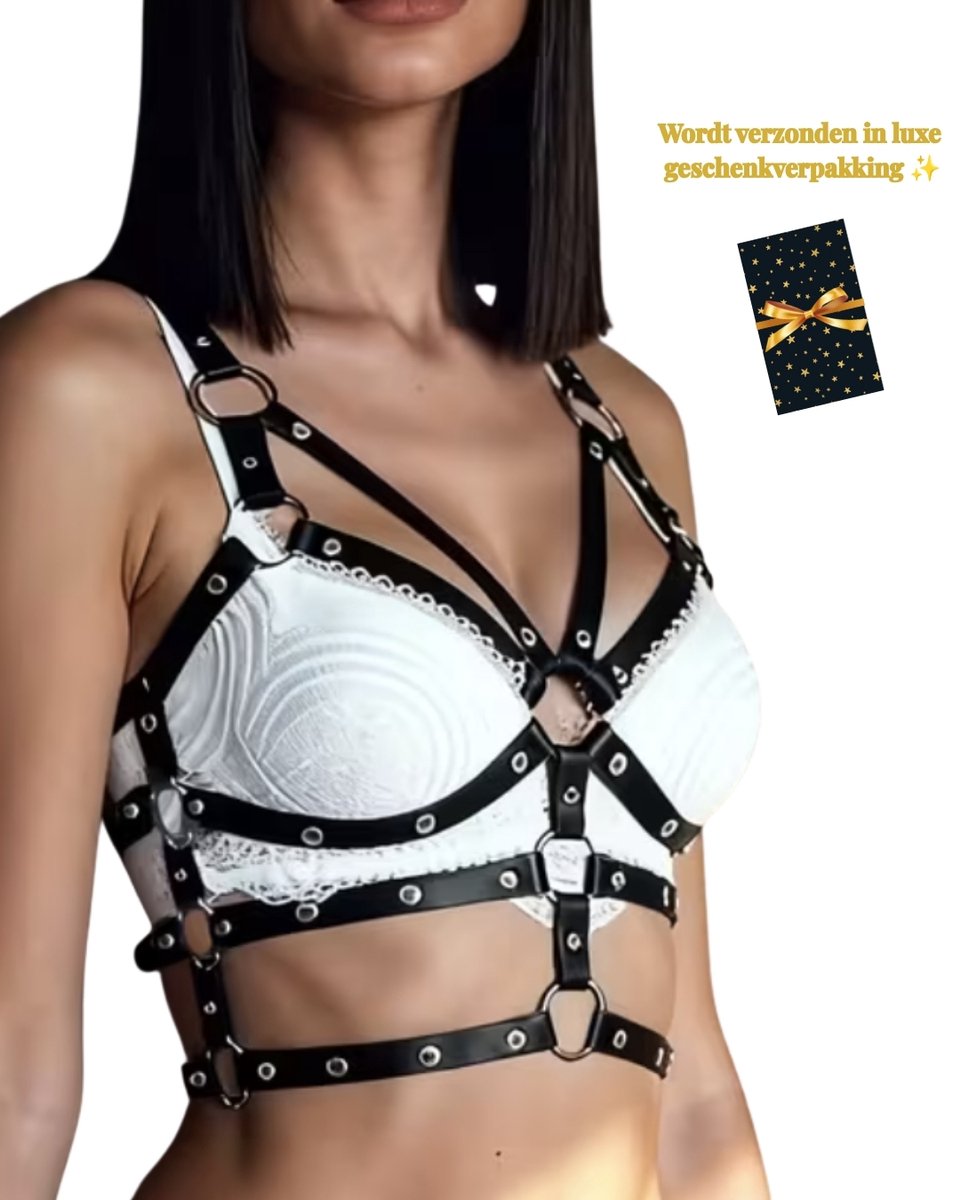 Dare to Undress – Bound Desire – Erotische Lingerie voor Dames – Lingerie Erotisch – Sexy Lingerie – Erotische BH Harnasset – Sexy PU-Leren Lingerie Harnas voor Dames – Fetish & Kinky Accessoire – BDSM & Clubwear – One Size