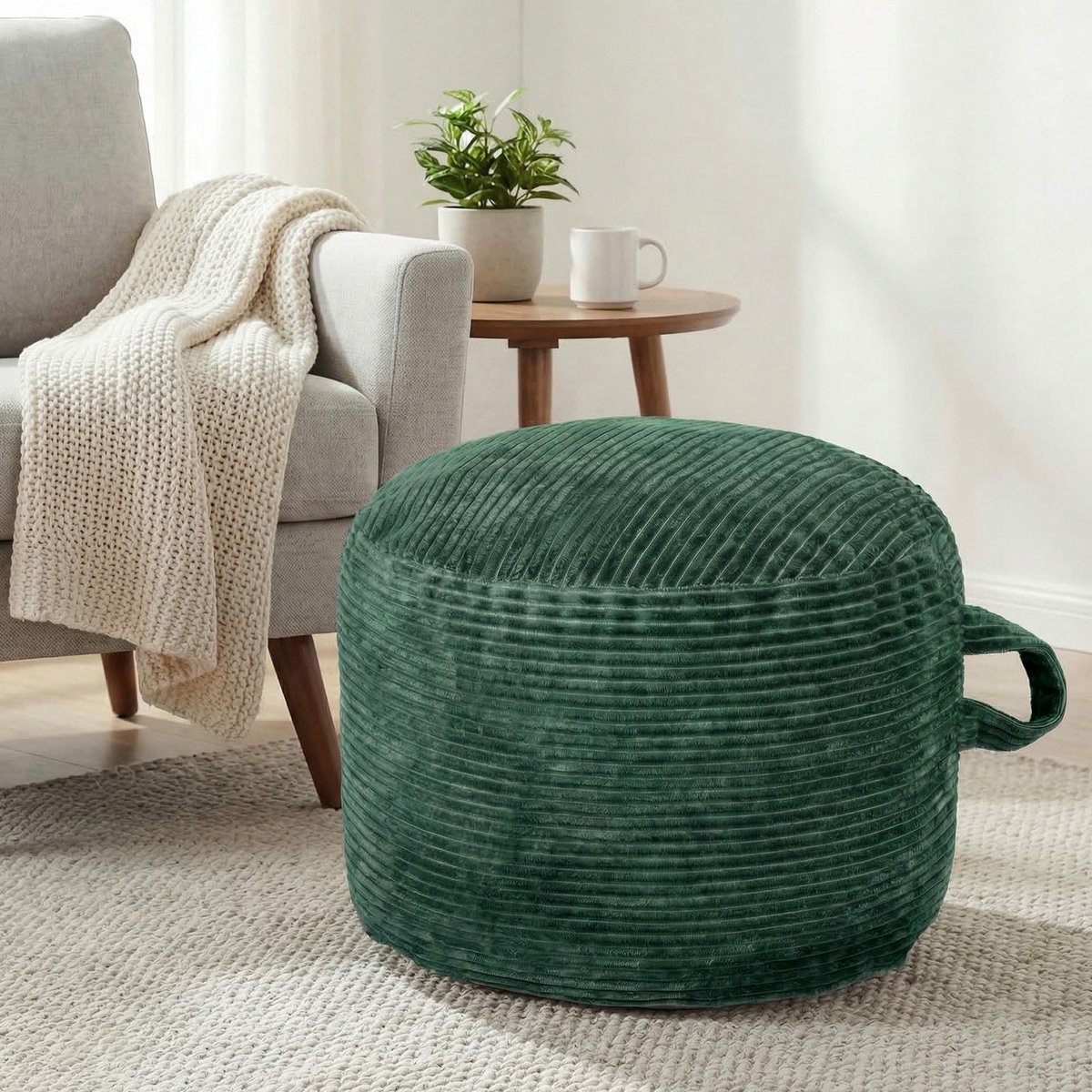 SHANNA Ronde Poef - Zachte Corduroy - Ø50×H45 cm - Donkergroen - Afneembare ritshoes - Multifunctionele voetensteun