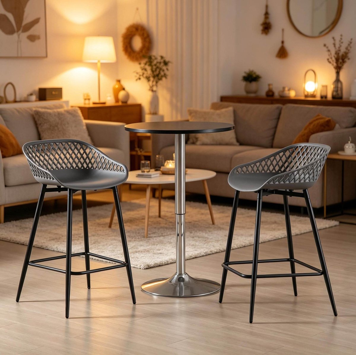 COVREO Barkruk 47 x 48,5 x 84 cm grijs - kunststof zitting en metalen frame - set van 2 met voetsteun