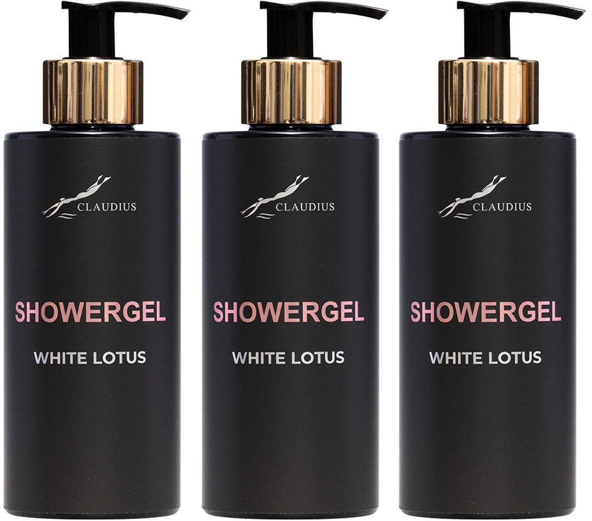 Showergel White Lotus 300 ml - met gouden pomp - zwarte fles - set van 3 stuks - Voordeelverpakking