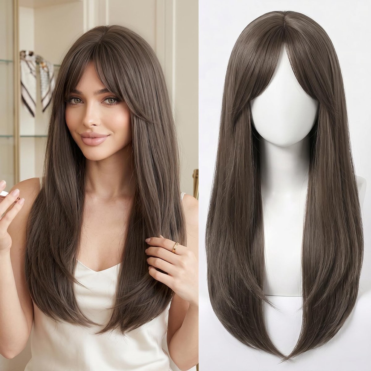 Lang Rechte Haarstuk voor Vrouwen 60 cm - Grijs Bruin, Hittebestendig Synthetisch Haar voor Feest en Dagelijks Gebruik