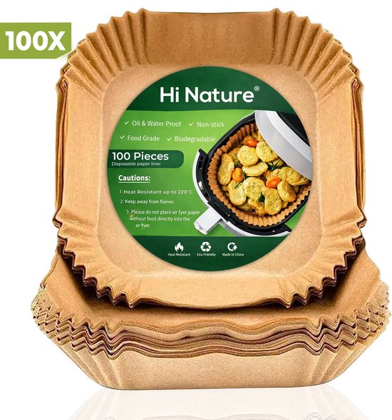 Stapel van 100 bruine, vierkante papieren airfryer liners van Hi Nature. Met logo en tekst: '100 Pieces Disposable paper liner'.