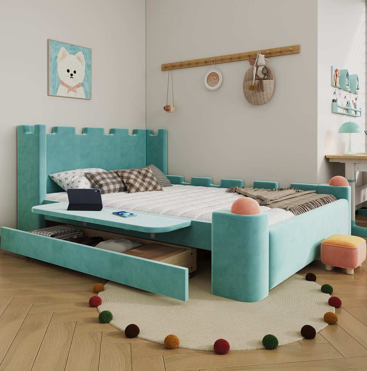 Kinderbed – 140 x 200 cm – Met Klapbare Zijplank En Opberglade – Hout En Stof – Blauwgroen – Kasteelstijl