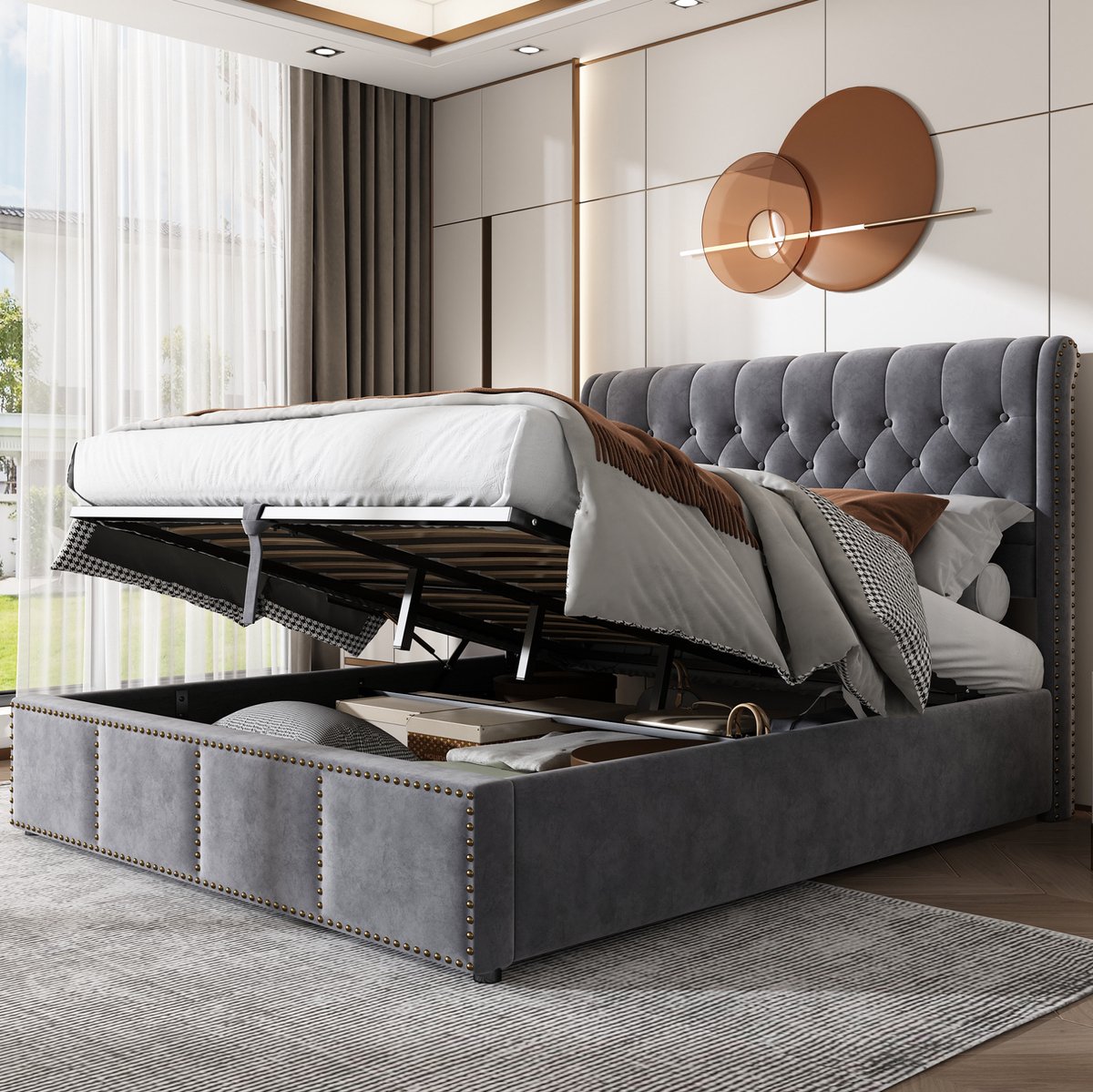 Bed met Opbergruimte – 140 x 200 cm – Hydraulisch – Stof – Grijs – Met Lattenbodem en Zonder Matras