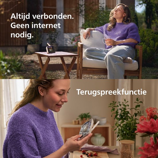 Vrouw ontspant in tuin met babyfoon, daarna met babyfoon in de hand binnenshuis.