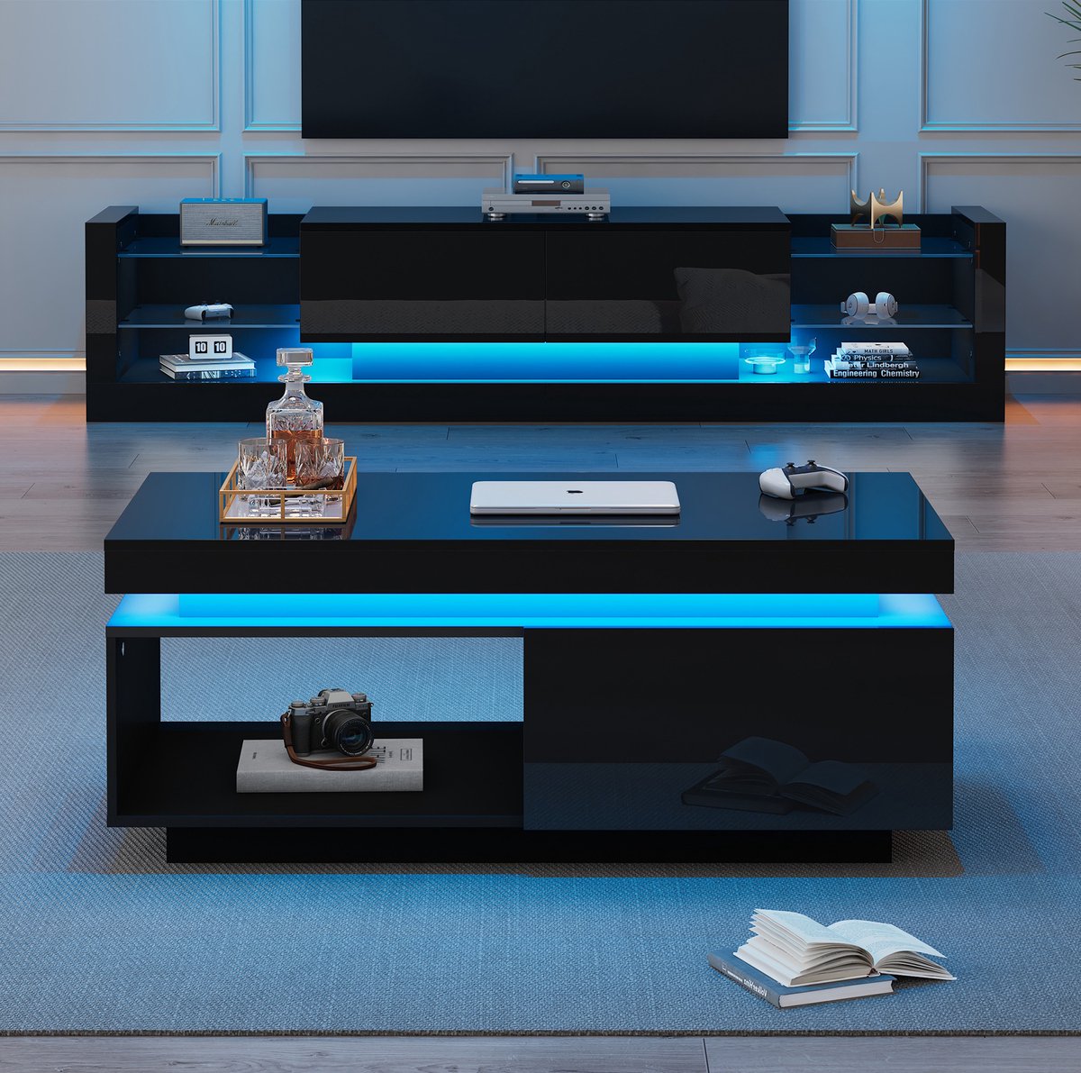Wishdor Tv meubel set van 2 - Hoogglans - LED verlichting - Open en gesloten opbergruimte - Modern design - Woonkamer hal entree - Bewerkt hout - Zwart - 181 x 38 x 38 cm