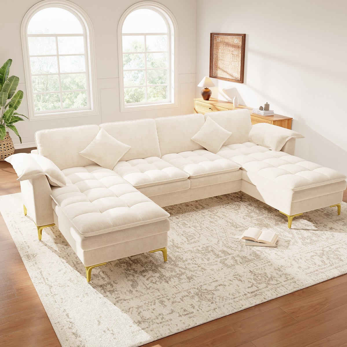 REDOM - U-bank - Modulair ontwerp - 2 chaise longues - Chenille bekleding - Moderne stijl - Woonkamer en slaapkamer - Hout en metaal - Beige - 262 x 134 x 86 cm