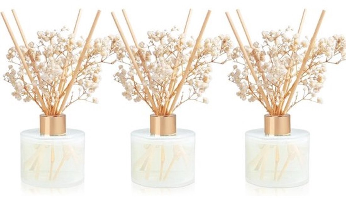 Geurverspreiderset Witte Jasmijn en Meloen - 3 x 150 ml met 24 Sticks voor Langdurige Geur en Elegante Kamerdecoratie