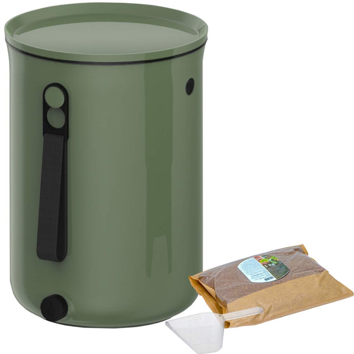 Famanu – Bokashi keukenafvalemmer van 9,6 liter, biologische afvalemmer van gerecycled kunststof, starterset voor compostering met 1 kg EM gistingsactivator, olijfkleurig