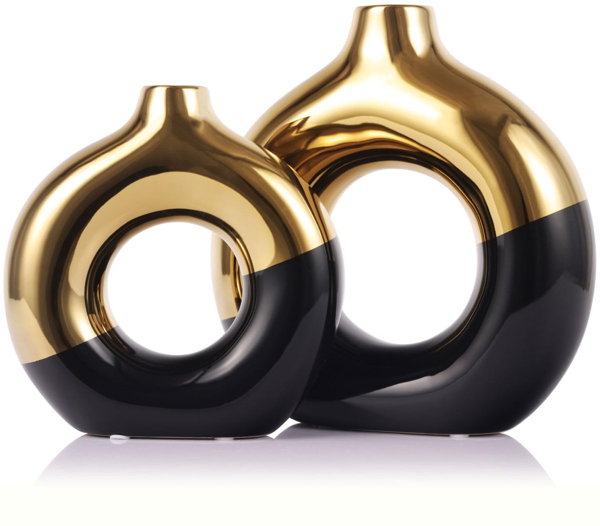 Famanu Keramische bloemvaas set van 2, gouden en zwarte donut vazen voor moderne boho decoratie