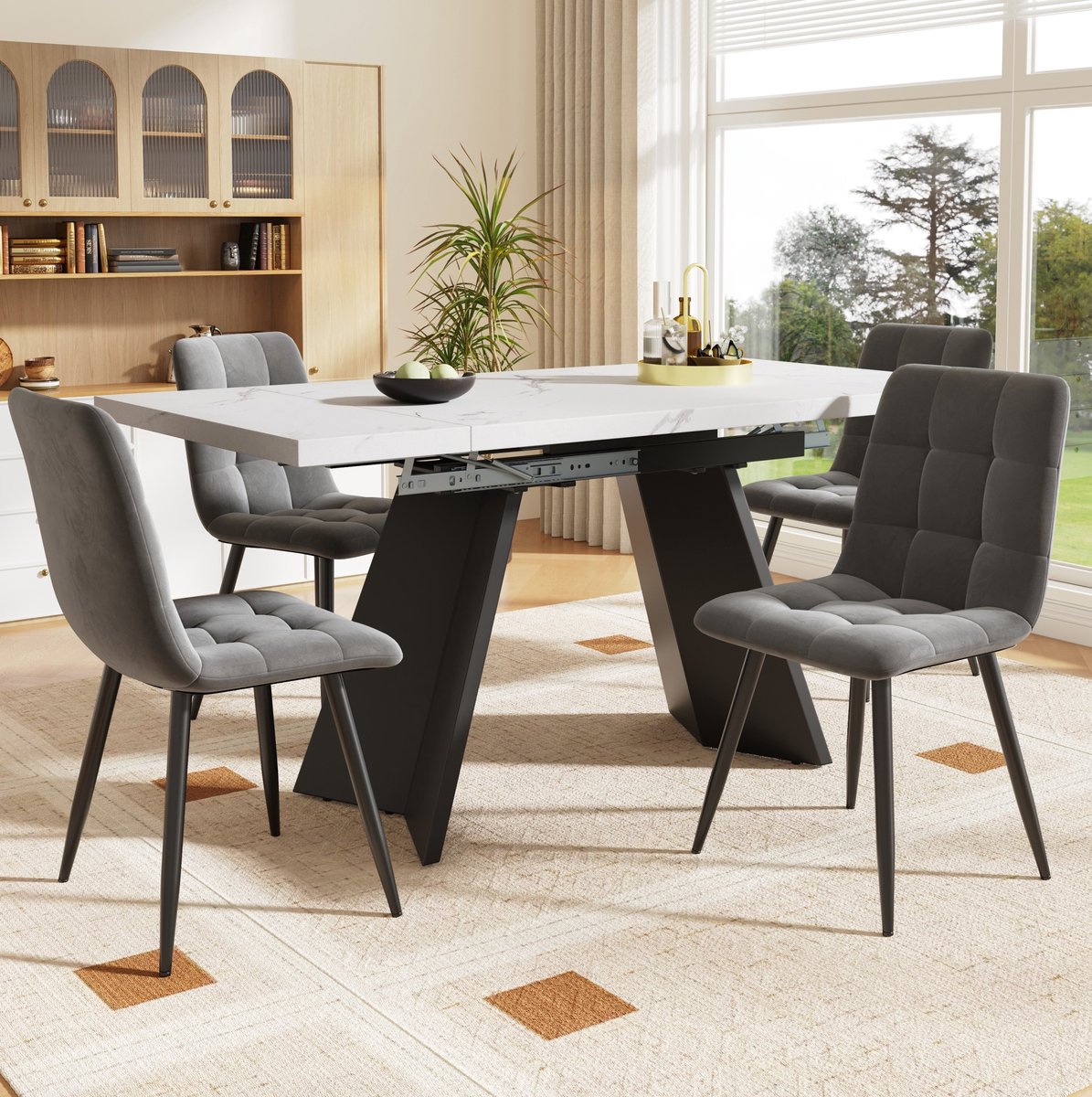 Wishdor Eettafelset met 4 stoelen - Uitschuifbare eettafel - Marmereffect tafelblad - Modern - Eetkamer keuken appartement - Metaal MDF velvet - Wit zwart grijs - 99-159 x 74 x 77 cm