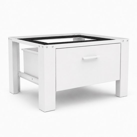 Witte wasmachineverhoger met een lade en open vak.