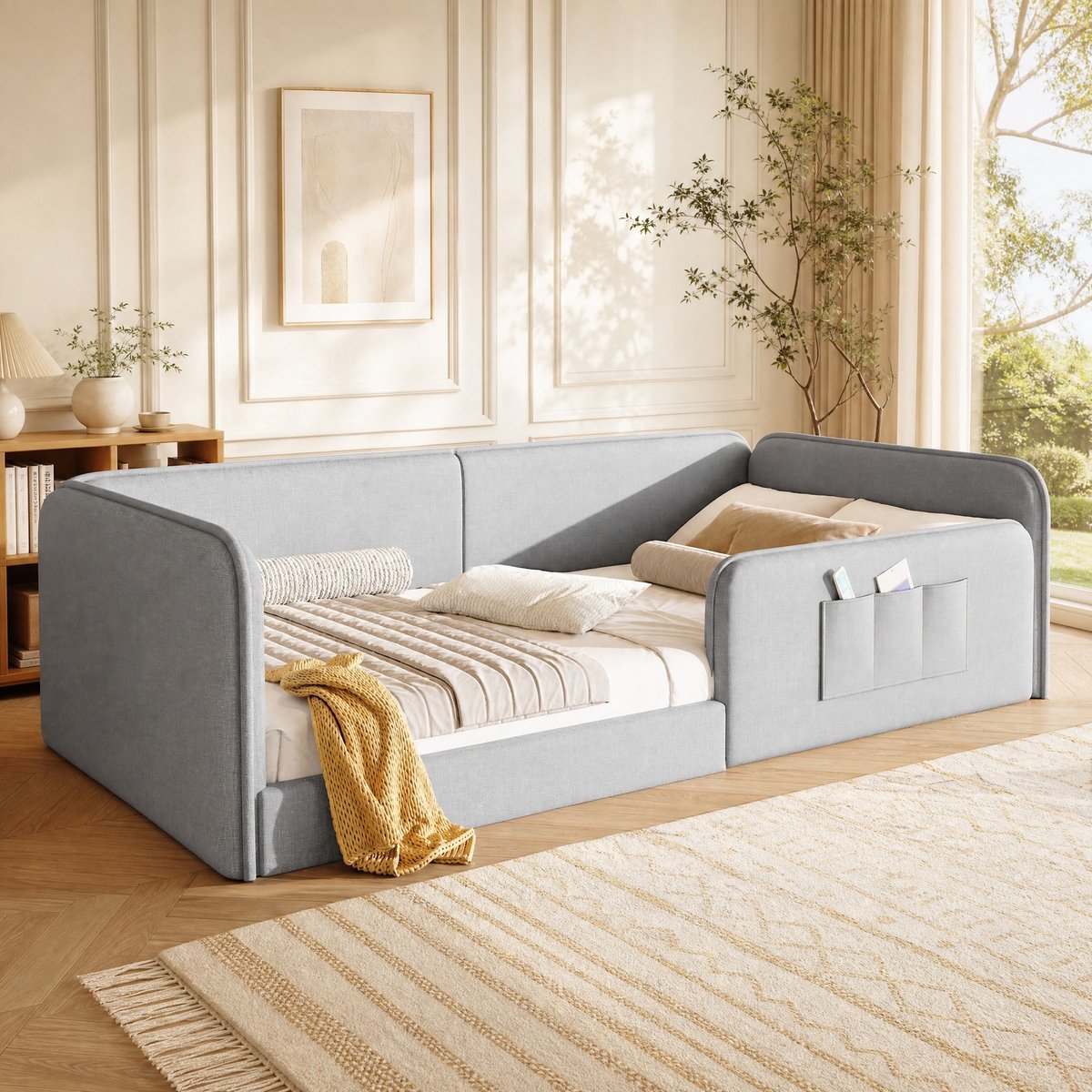 REDOM - Bedframe - Geïntegreerde veiligheidsrand - Lattenbodem - Opbergtassen - Moderne stijl - Kinderkamer - MDF en stof - Grijs - 209 x 98 x 55 cm
