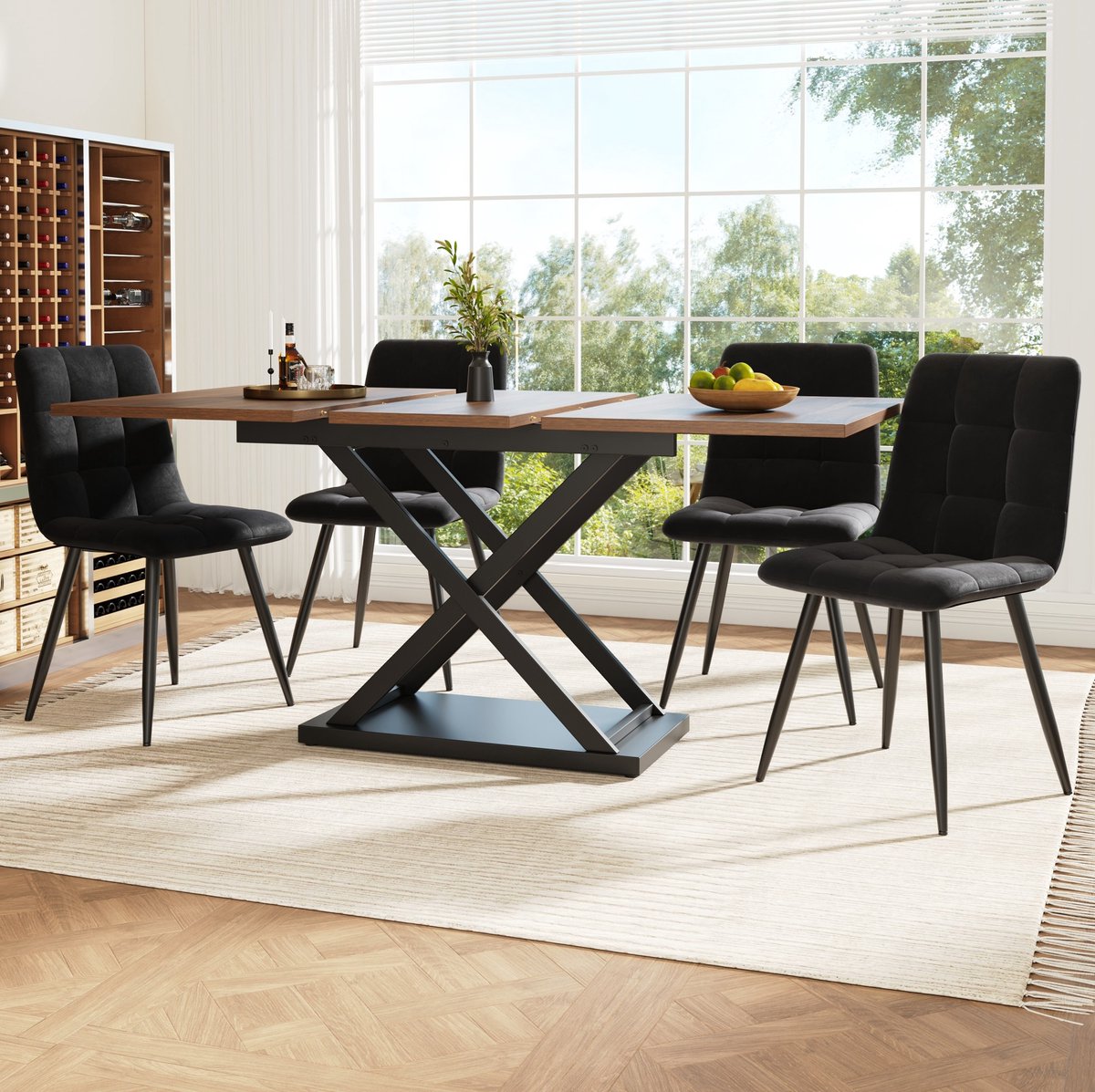 Wishdor Set tafel en stoelen - Uitschuifbare eettafel met 4 stoelen - Modern design - Woonkamer eetkamer keuken - Hout metaal velvet - Walnoot zwart - 160 x 80 x 75 cm