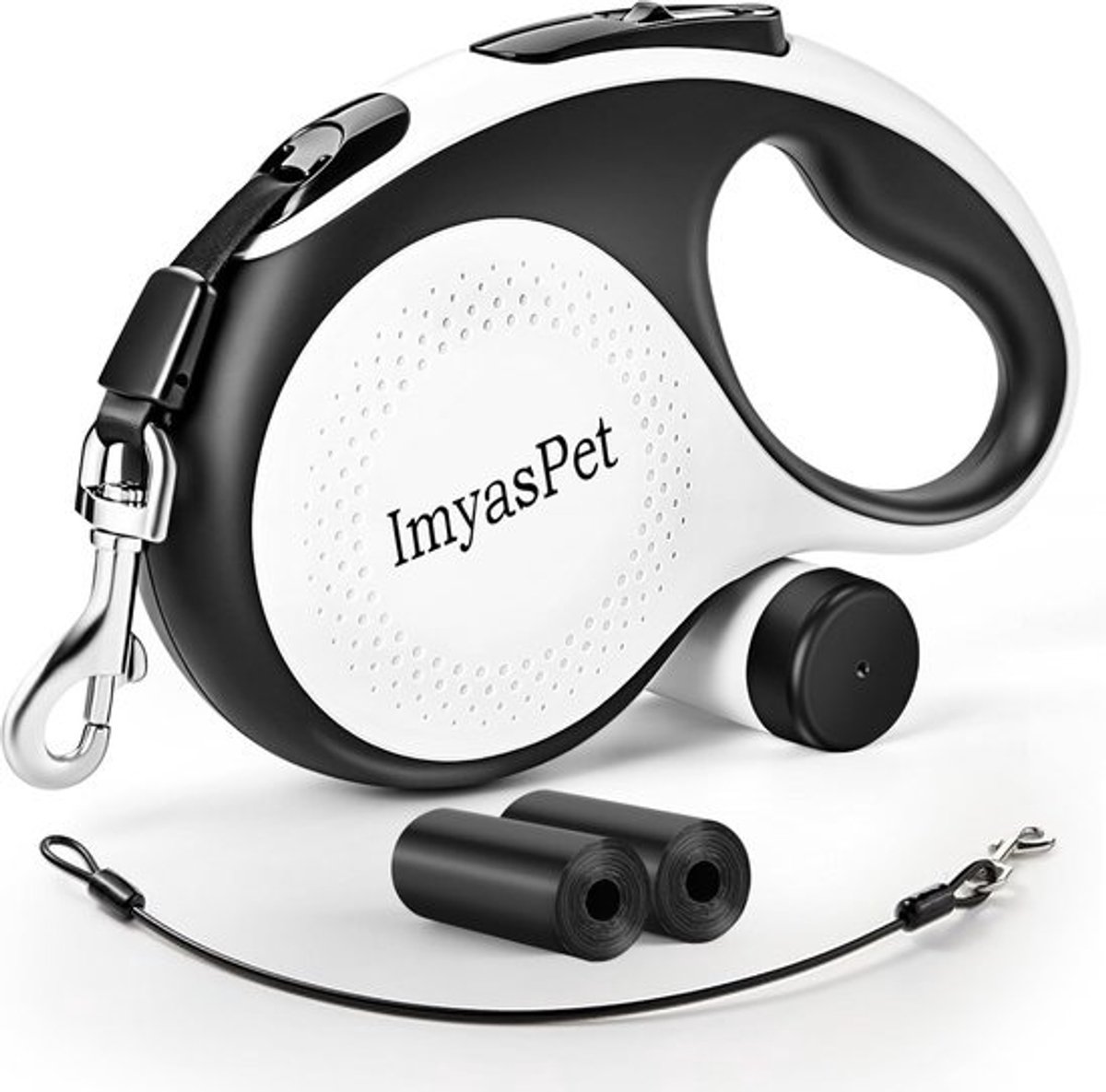 Intrekbare Hondenriem 26 Meter met Kauwbestendige Kabel en Poepzakdispenser - Robuust Ontwerp voor Middelgrote en Grote Honden tot 110 lbs - Ergonomische Handgreep en One-Touch Vergrendeling - Wit - Groot