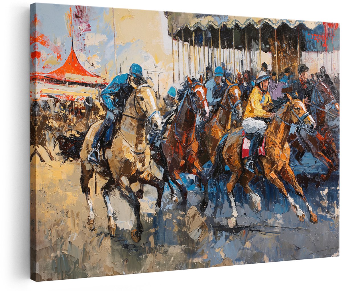 Artaza Canvas Schilderij Paarden - 180x120 cm - Groot - Wanddecoratie Paardenrace - Muurdecoratie Jockey - Decoratie Renbaan - Schilderijen Op Canvas