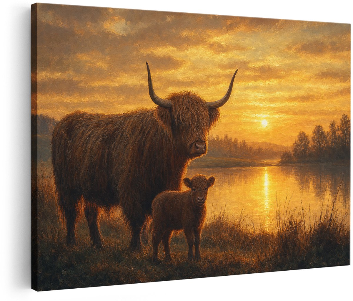 Artaza Canvas Schilderij Schotse Hooglander Met Kalf - Zonsondergang Aan Het Meer - 180x120 cm - Groot - Wanddecoratie Woonkamer - Schilderijen - Muurdecoratie
