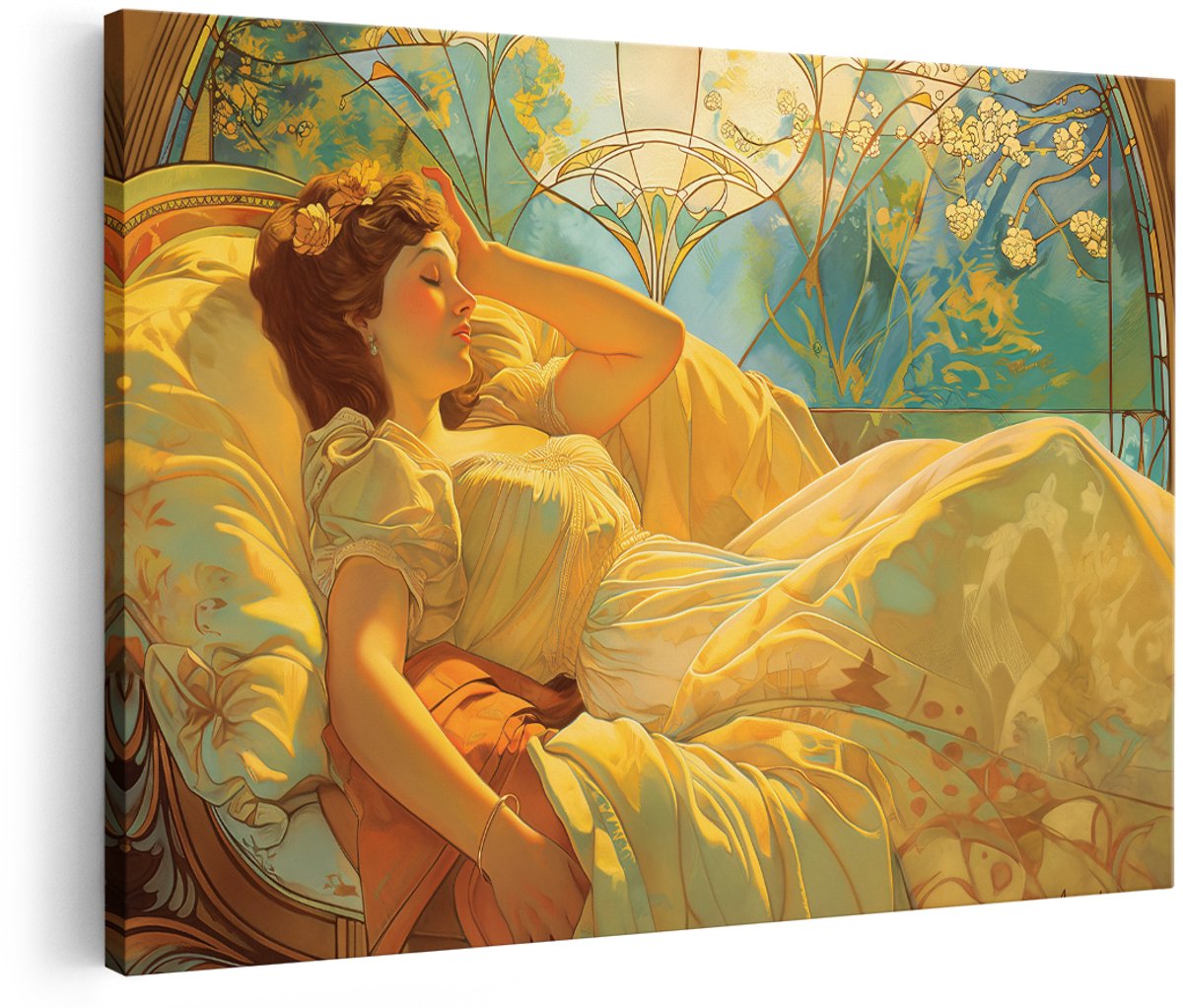 Artaza Canvas Schilderij Vrouw - 180x120 cm - Groot - Wanddecoratie Art Nouveau - Muurdecoratie Bloemen - Decoratie Vintage Slaapkamer - Goud