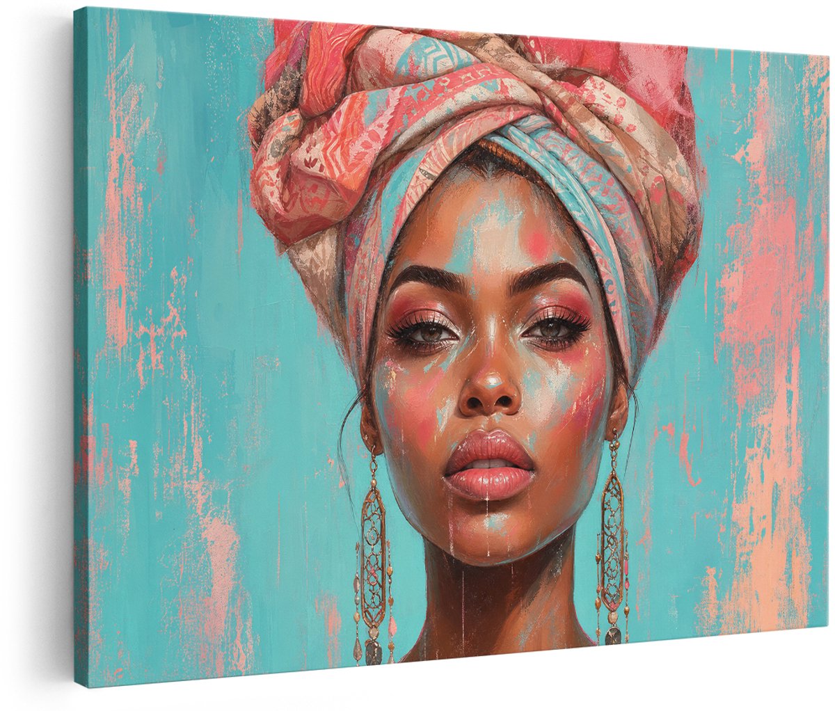 Artaza Canvas Schilderij Vrouw Portret - Roze En Blauw - 180x120 cm - Groot - Wanddecoratie Woonkamer - Schilderijen - Muurdecoratie