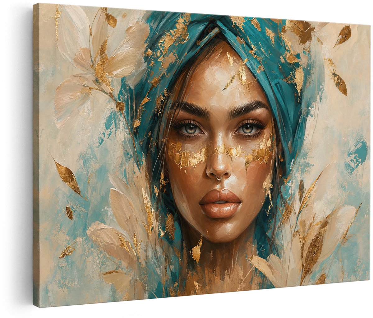 Artaza Canvas Schilderij Vrouw Portret - Goud en Blauw - 180x120 cm - Groot - Wanddecoratie Woonkamer - Schilderijen - Muurdecoratie