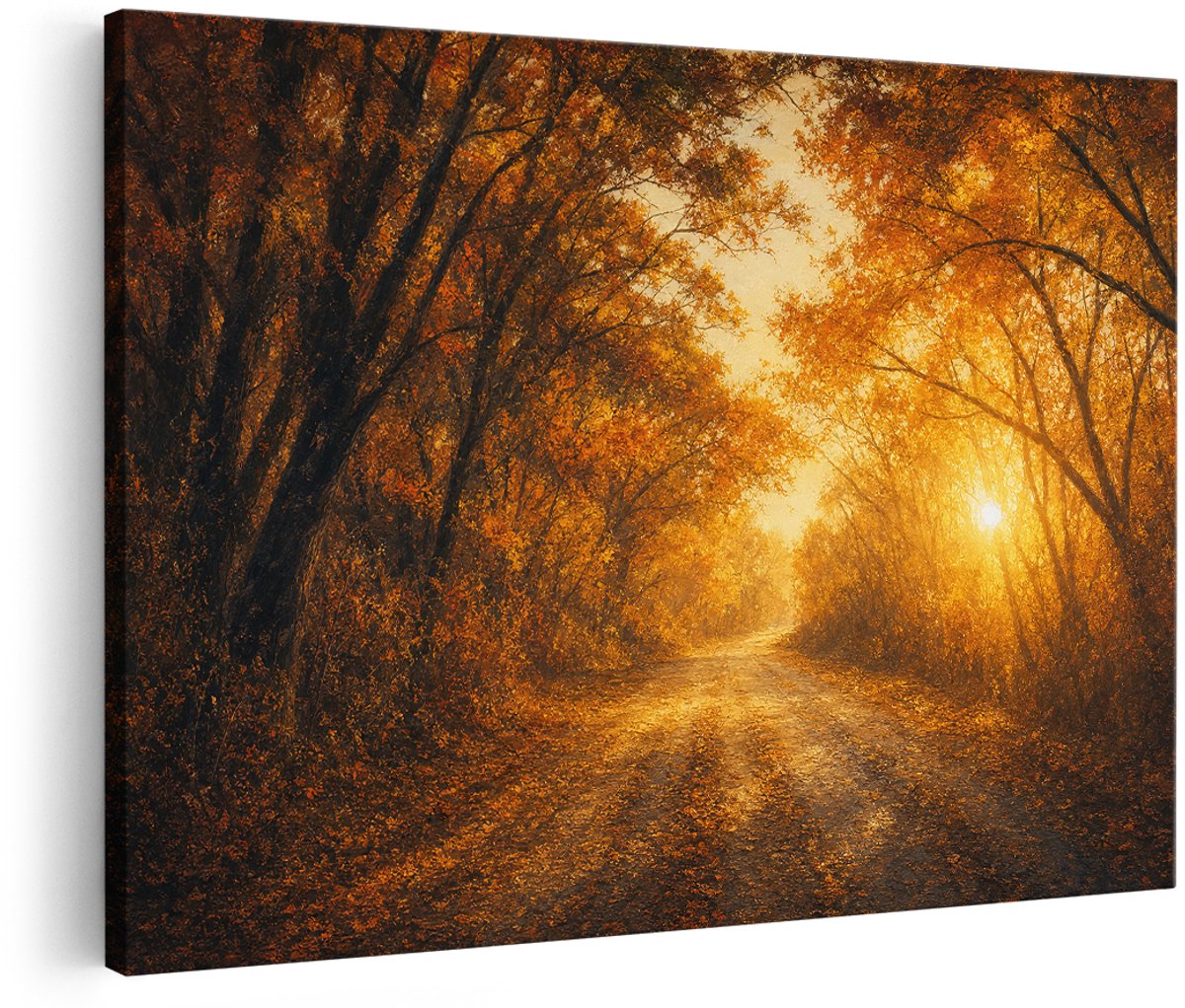 Artaza Canvas Schilderij Herfstbos - Bospad In Gouden Licht - 180x120 cm - Groot - Wanddecoratie Woonkamer - Schilderijen - Muurdecoratie