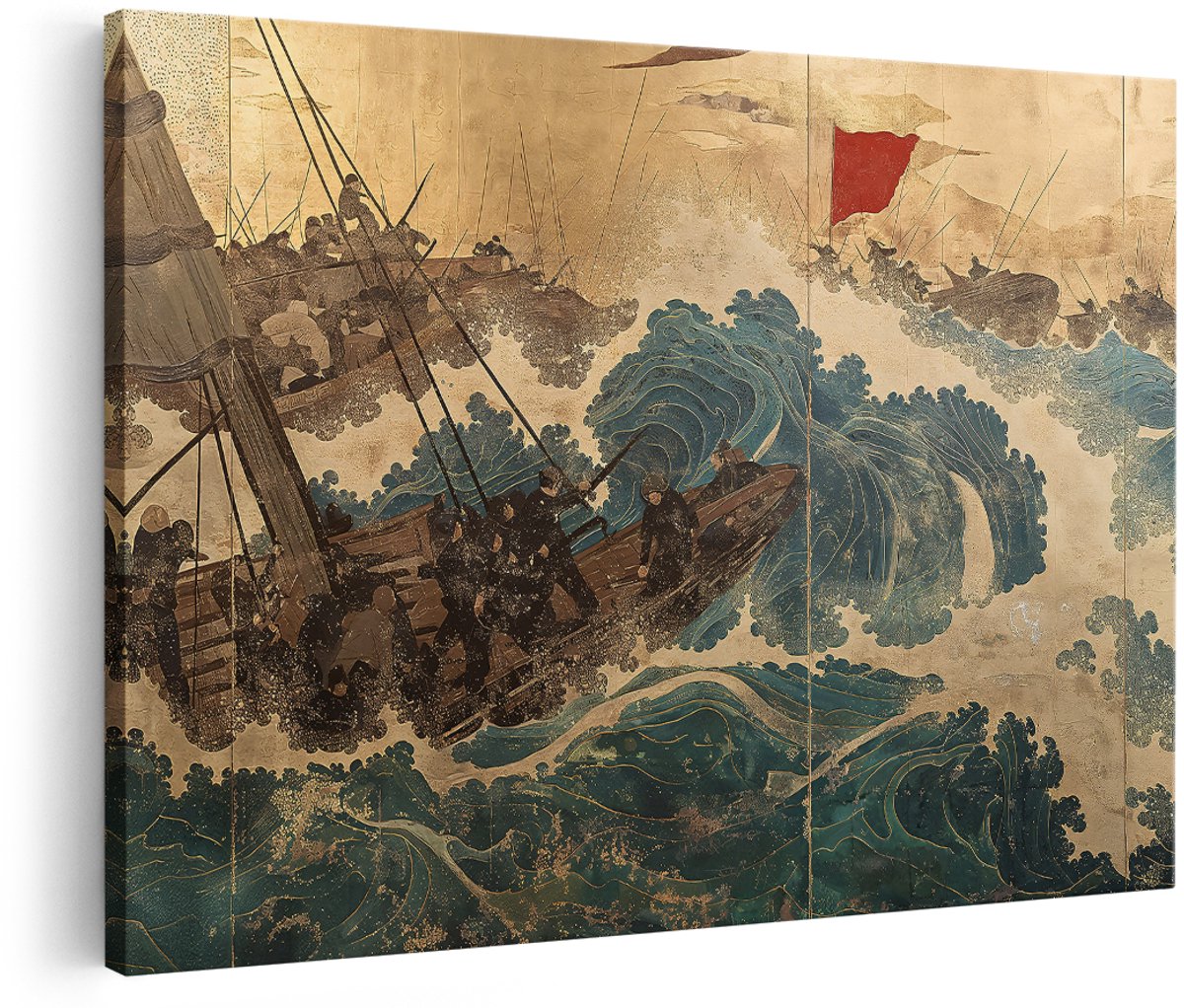 Artaza Canvas Schilderij Japans Schilderij - 180x120 cm - Groot - Wanddecoratie Zee - Muurdecoratie Vintage Zeilschip - Decoratie Woonkamer Golven