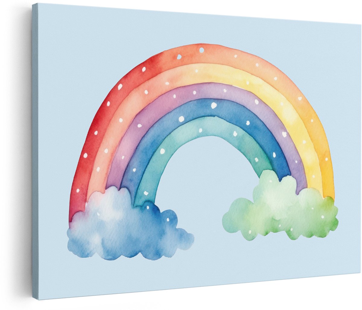 Artaza Canvas Schilderij Regenboog - 180x120 cm - Groot - Wanddecoratie Kinderkamer - Muurdecoratie Babykamer - Decoratie Aquarel Wolken