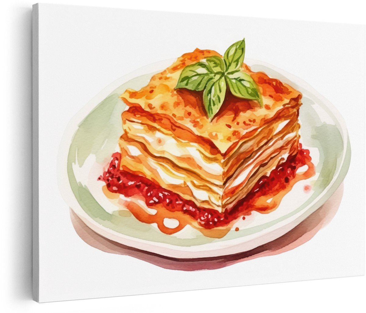 Artaza Canvas Schilderij Lasagne - 180x120 cm - Groot - Wanddecoratie Keuken - Muurdecoratie Italiaans Eten - Schilderijen Aquarel Basilicum